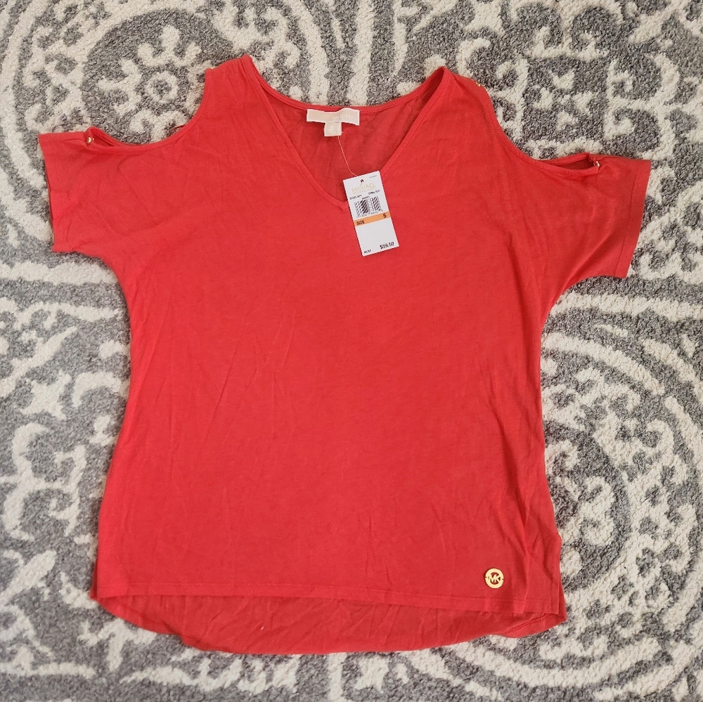 Michael Kors Salmon Open Shoulder Blouse With Gold Button Accents.